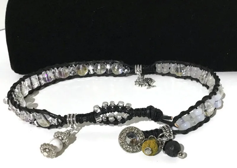 THE TREE OF LIVE DIFFUSER BLACK LEATHER WRAP BRACELET, beaded macrame bracelet, double wrap crystal beads bracelet, 4 charms, woman's size, boho-chic style
