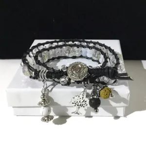 THE TREE OF LIVE DIFFUSER BLACK LEATHER WRAP BRACELET, beaded macrame bracelet, double wrap crystal beads bracelet, 4 charms, woman's size, boho-chic style