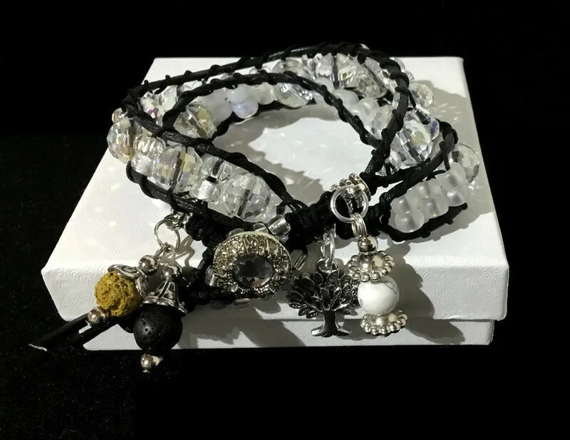 THE TREE OF LIVE DIFFUSER BLACK LEATHER WRAP BRACELET, beaded macrame bracelet, double wrap crystal beads bracelet, 4 charms, woman's size, boho-chic style