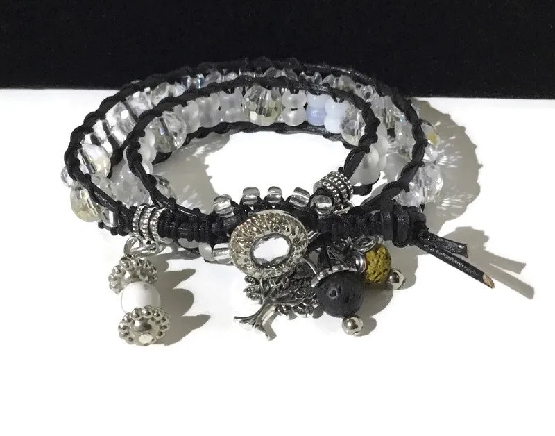 THE TREE OF LIVE DIFFUSER BLACK LEATHER WRAP BRACELET, beaded macrame bracelet, double wrap crystal beads bracelet, 4 charms, woman's size, boho-chic style