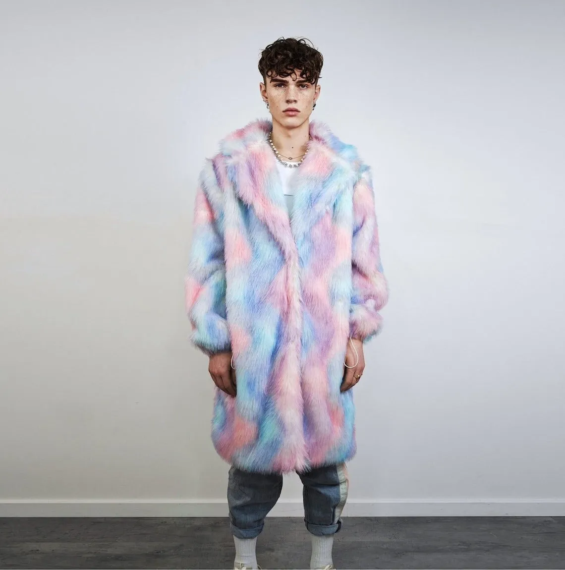 Tie-dye coat faux fur pastel pink shaggy trench abstract pattern overcoat watercolor bomber detachable festival jacket rainbow peacoat blue
