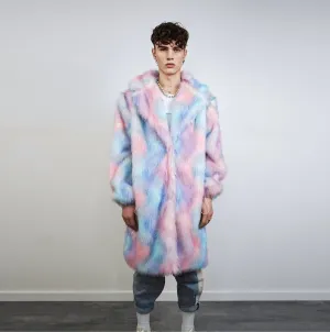 Tie-dye coat faux fur pastel pink shaggy trench abstract pattern overcoat watercolor bomber detachable festival jacket rainbow peacoat blue