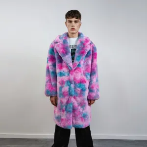 Tiedye pink fleece gradient coat long heavy trench fluorescent Barbie overcoat Ken bomber festival paint splatter jacket custom rave peacoat