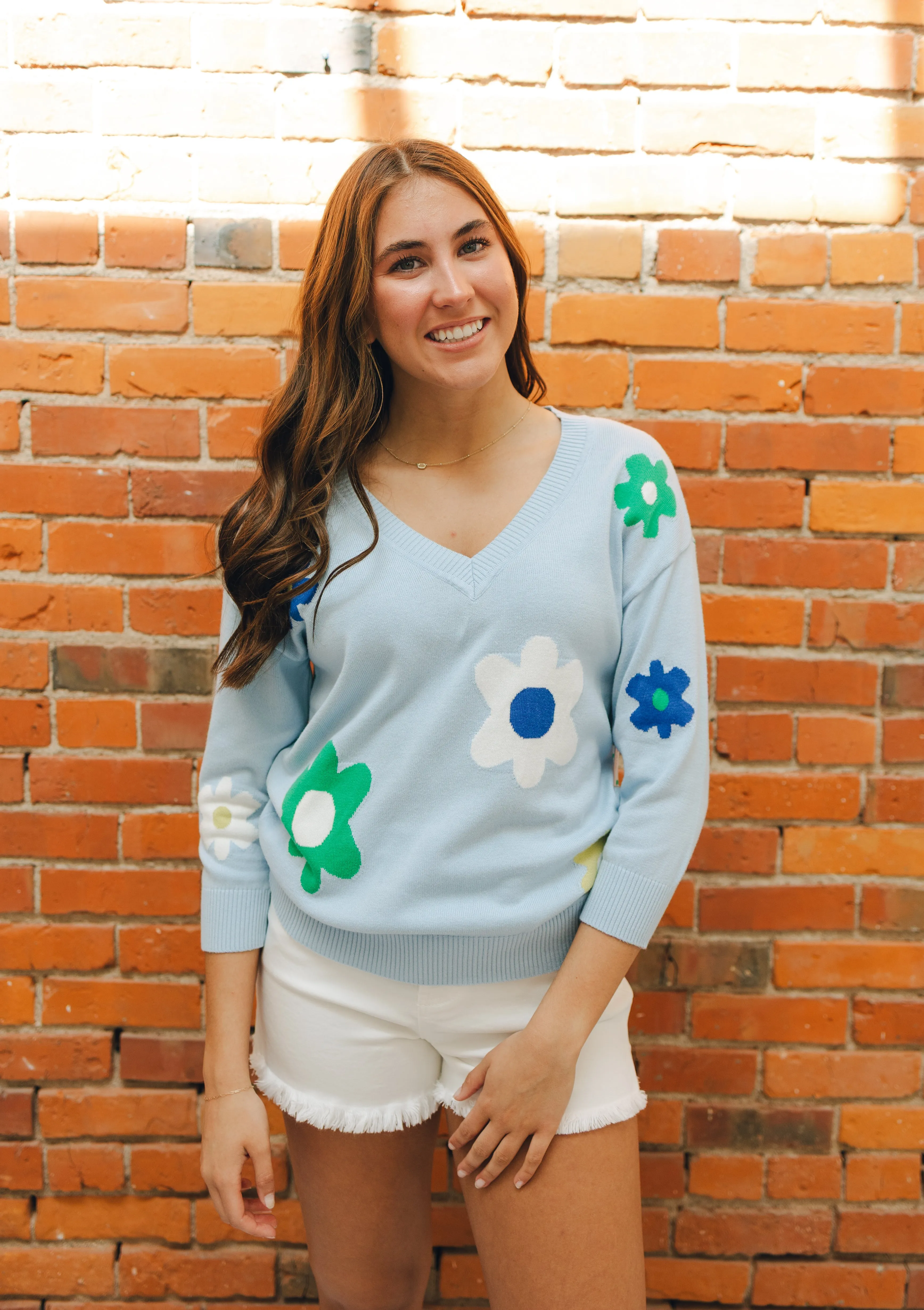Tribal 3/4 Sleeve V-Neck Jacquard Sweater