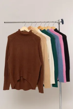 Turtleneck High Low Sweater with Wide Rib Hem