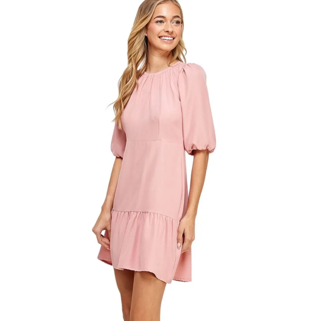 Two Hearts Pink 3/4 Puff Sleeve Drop Hem Ruched Mini Dress D3883-PINK