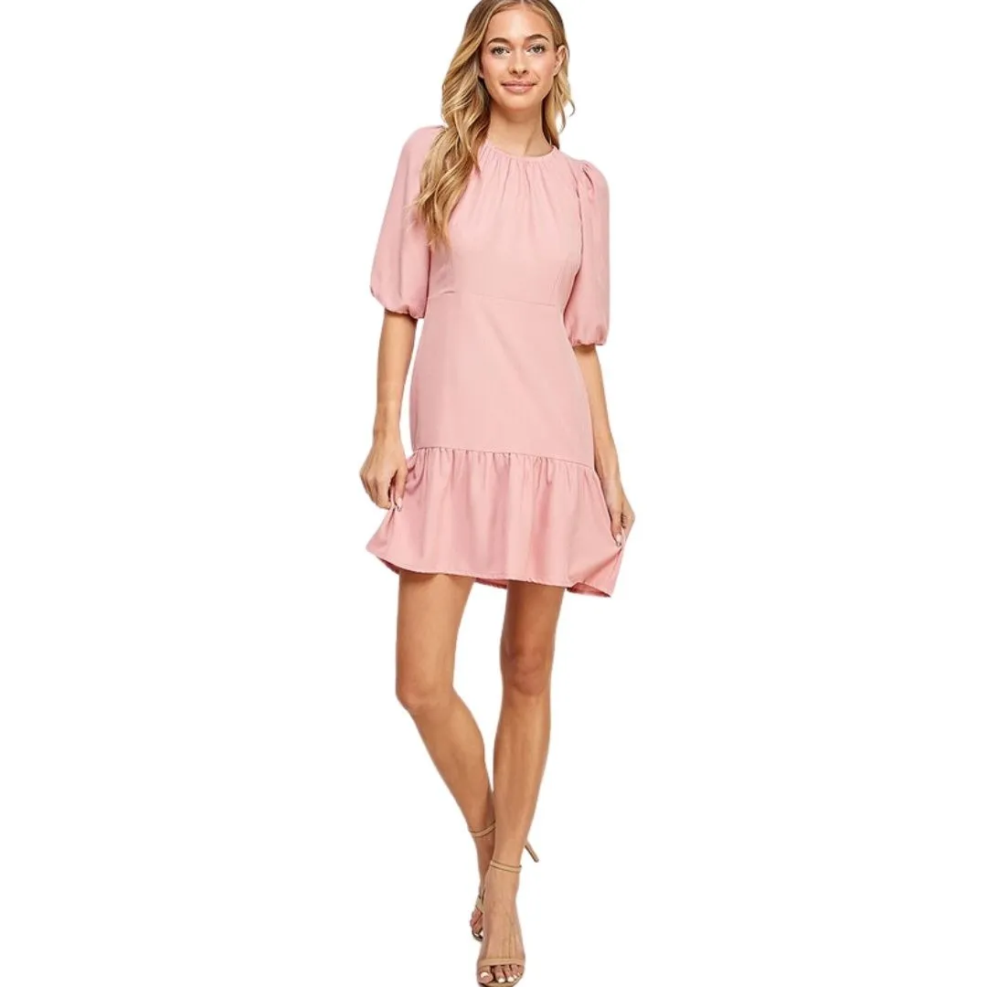 Two Hearts Pink 3/4 Puff Sleeve Drop Hem Ruched Mini Dress D3883-PINK