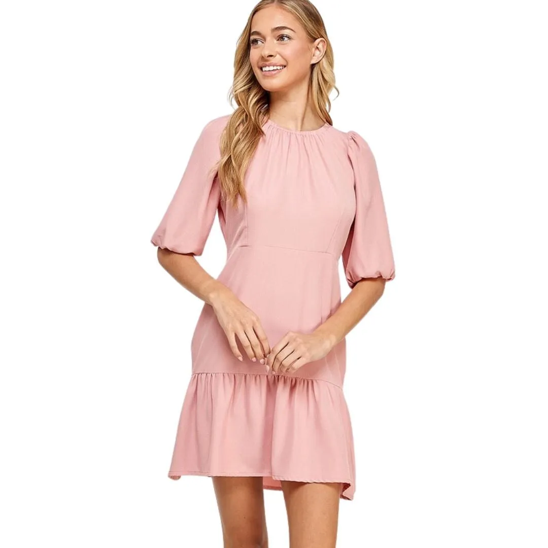 Two Hearts Pink 3/4 Puff Sleeve Drop Hem Ruched Mini Dress D3883-PINK