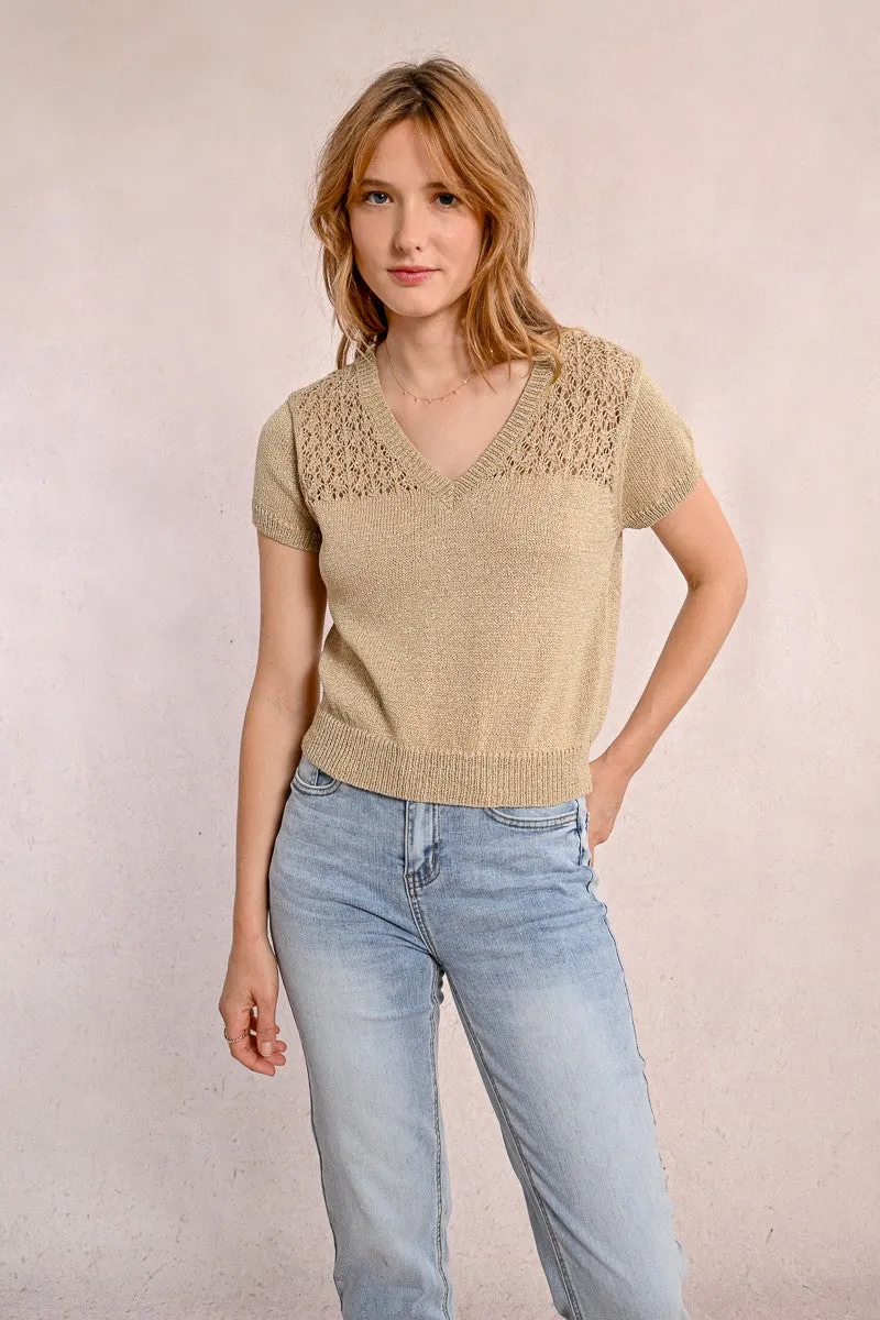 V-NECK KNIT SWEATER, SHORT SLEEVES