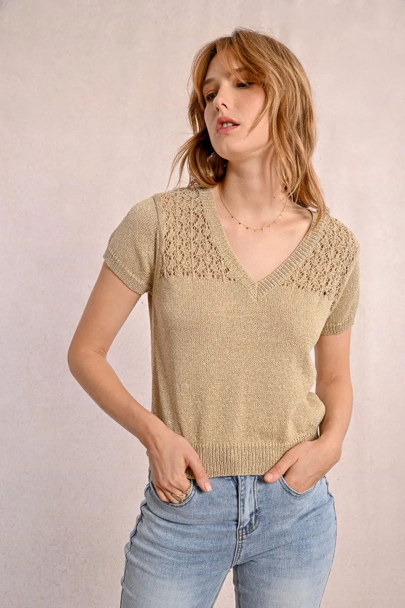 V-NECK KNIT SWEATER, SHORT SLEEVES