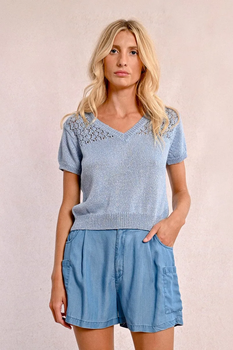 V-NECK KNIT SWEATER, SHORT SLEEVES