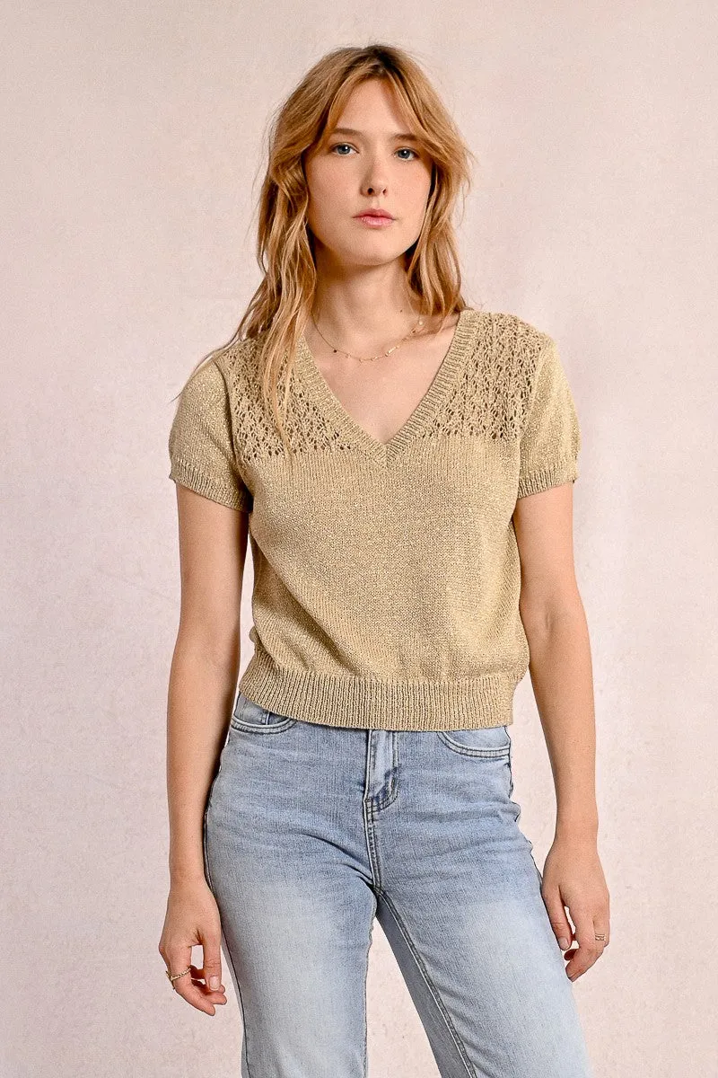 V-NECK KNIT SWEATER, SHORT SLEEVES