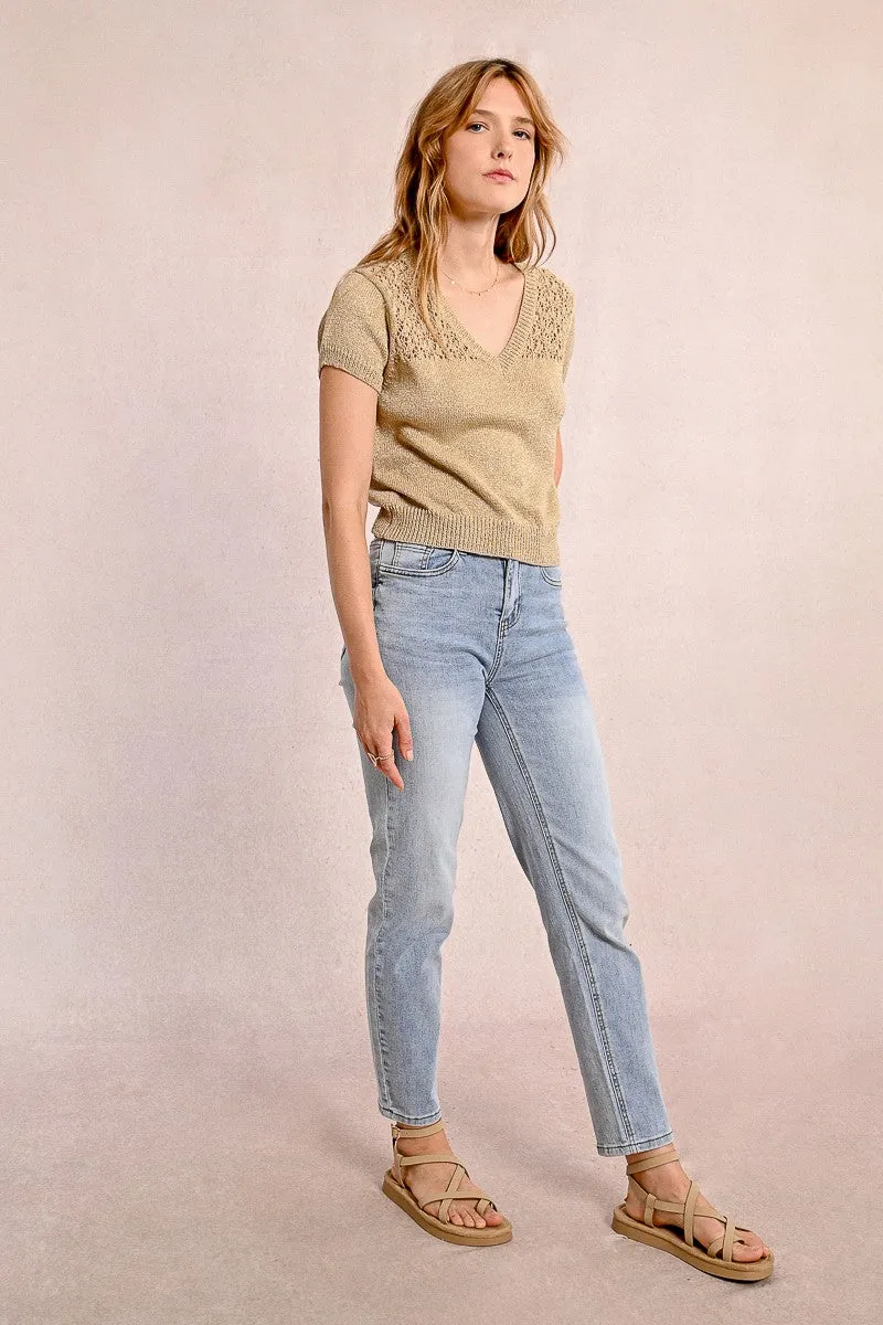 V-NECK KNIT SWEATER, SHORT SLEEVES