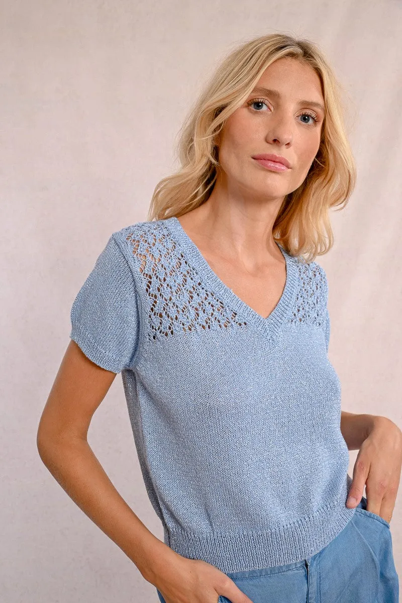 V-NECK KNIT SWEATER, SHORT SLEEVES