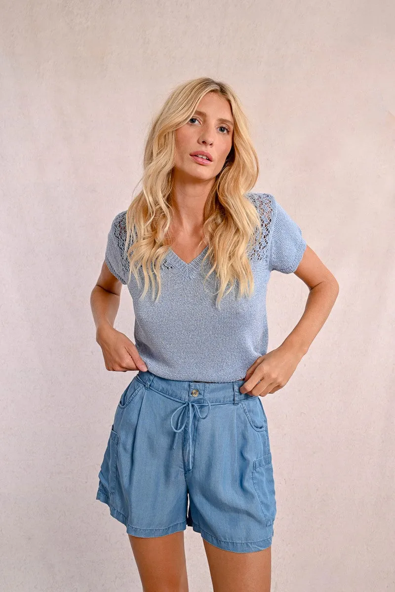 V-NECK KNIT SWEATER, SHORT SLEEVES