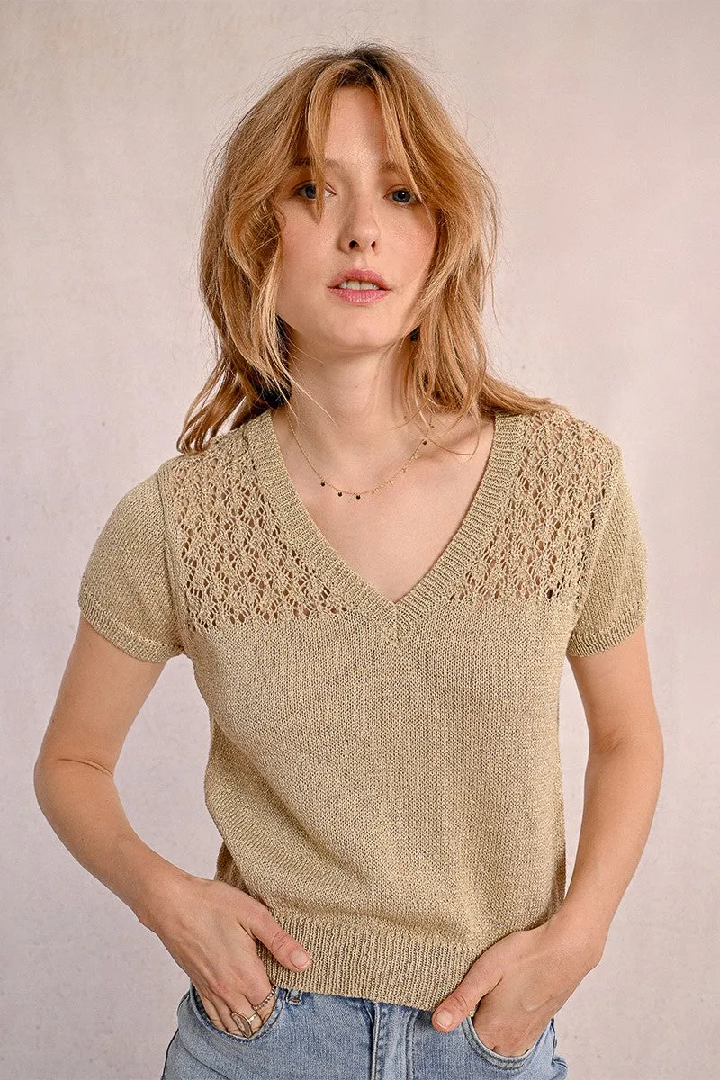 V-NECK KNIT SWEATER, SHORT SLEEVES
