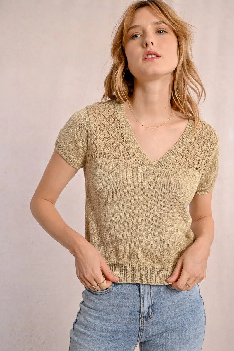 V-NECK KNIT SWEATER, SHORT SLEEVES