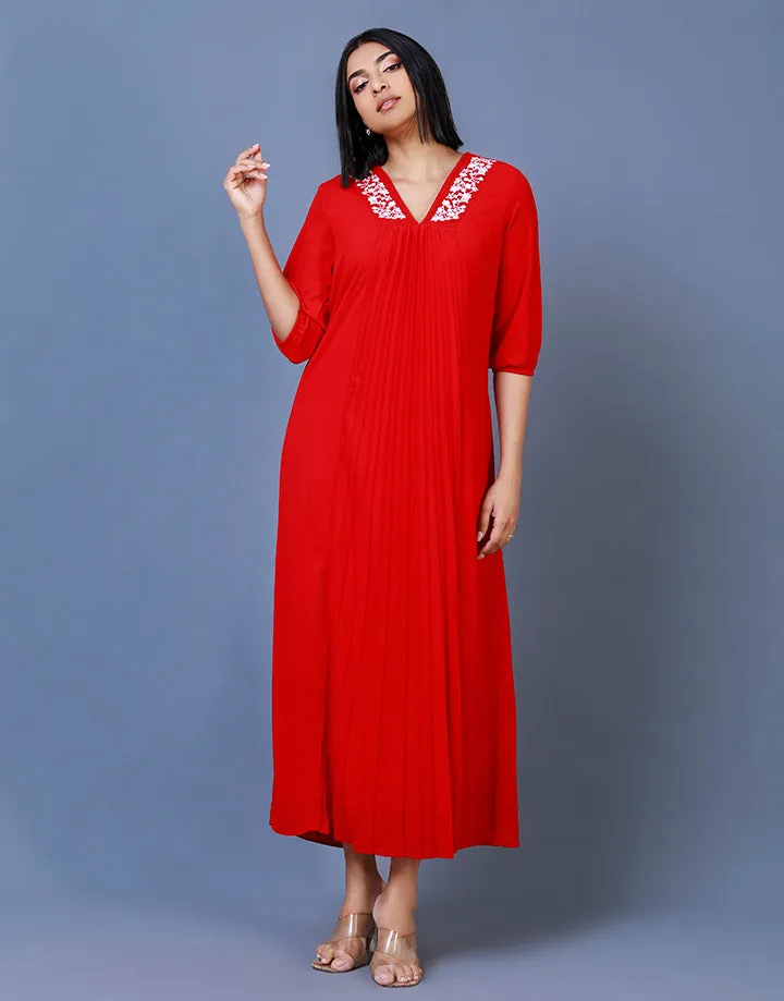 V-Neck Pleated Dress with Embroidery