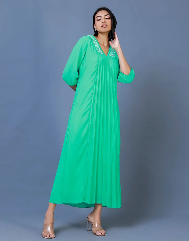 V-Neck Pleated Dress with Embroidery