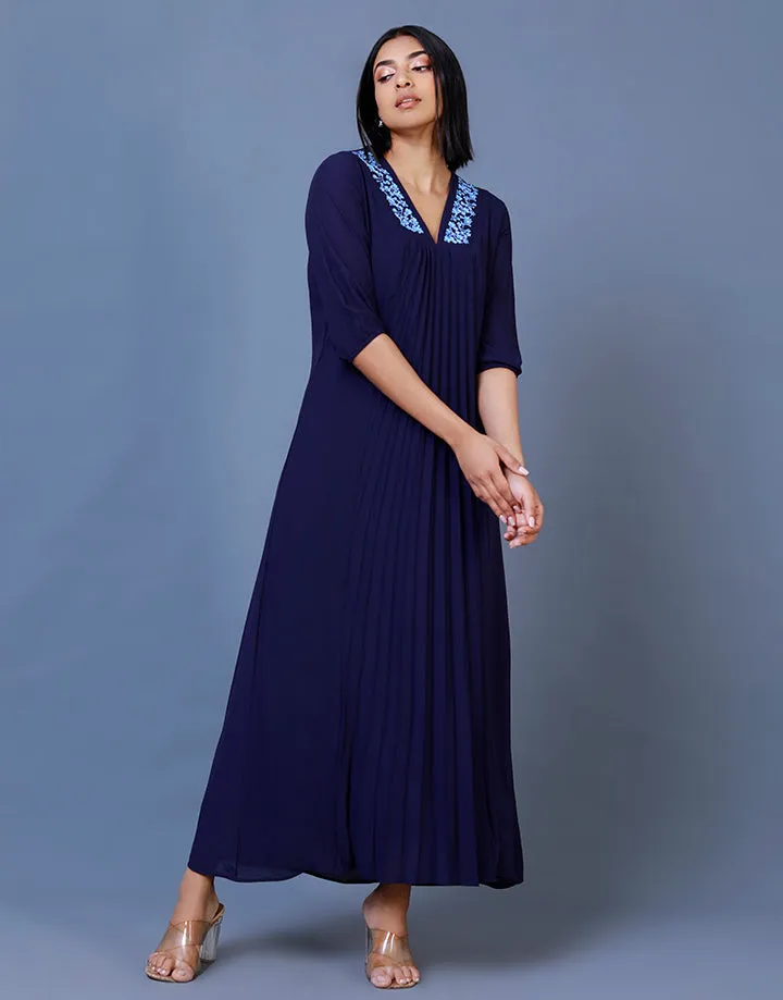 V-Neck Pleated Dress with Embroidery