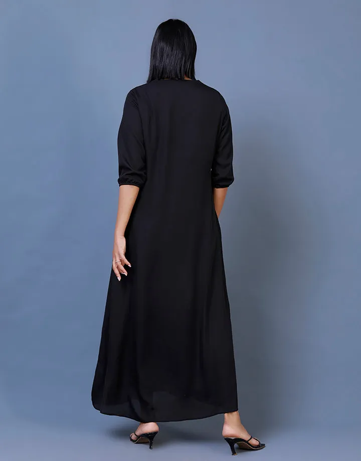V-Neck Pleated Dress with Embroidery