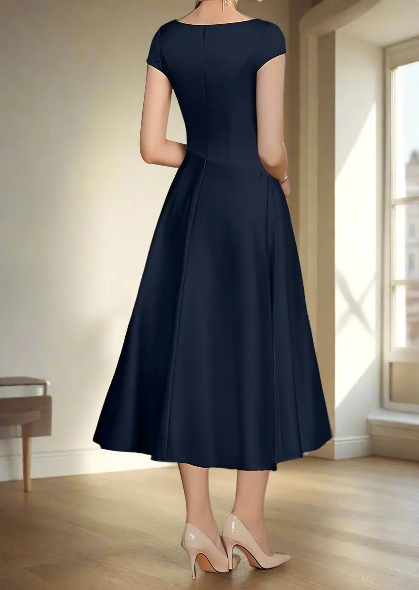 V Neck Ruched Tea Length A-Line Mother of the Bride Dress