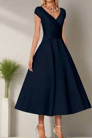 V Neck Ruched Tea Length A-Line Mother of the Bride Dress