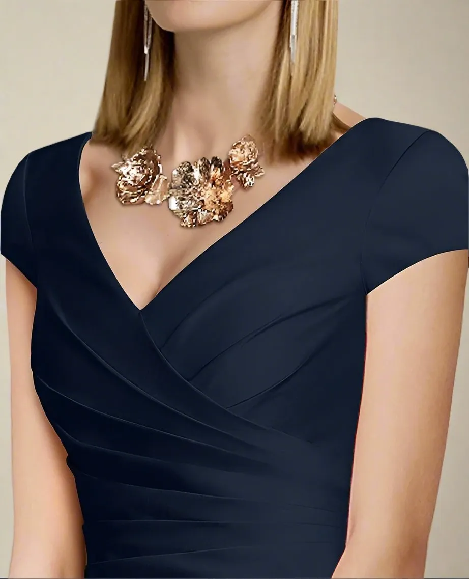 V Neck Ruched Tea Length A-Line Mother of the Bride Dress