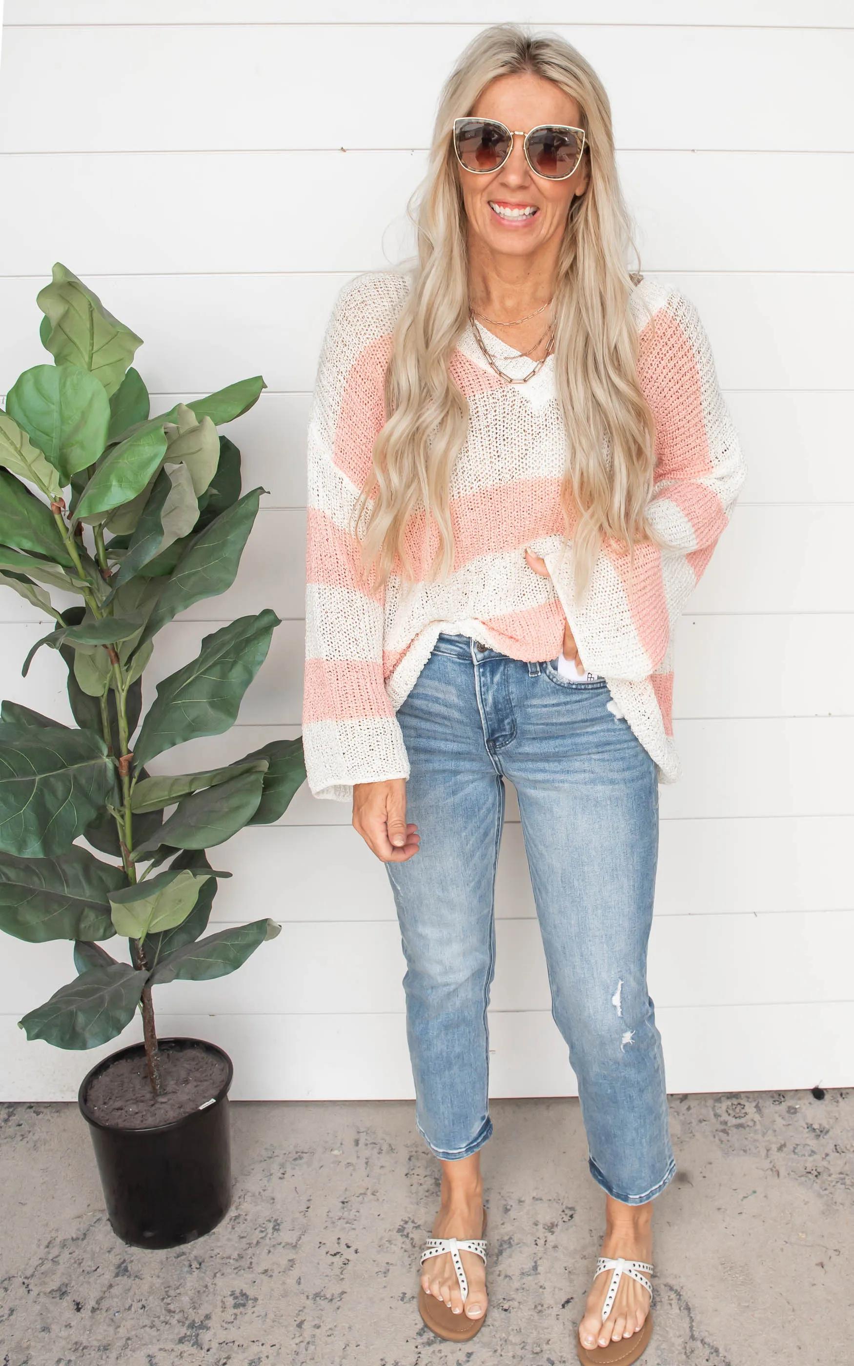 V-Neck Stripe Thin Sweater - POL
