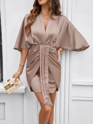V-Neck Waist Dress with Ruched Design and Asymmetrical Hem
