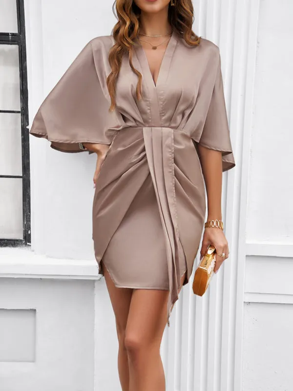 V-Neck Waist Dress with Ruched Design and Asymmetrical Hem
