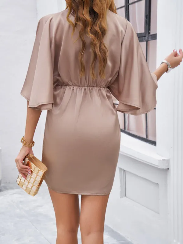 V-Neck Waist Dress with Ruched Design and Asymmetrical Hem