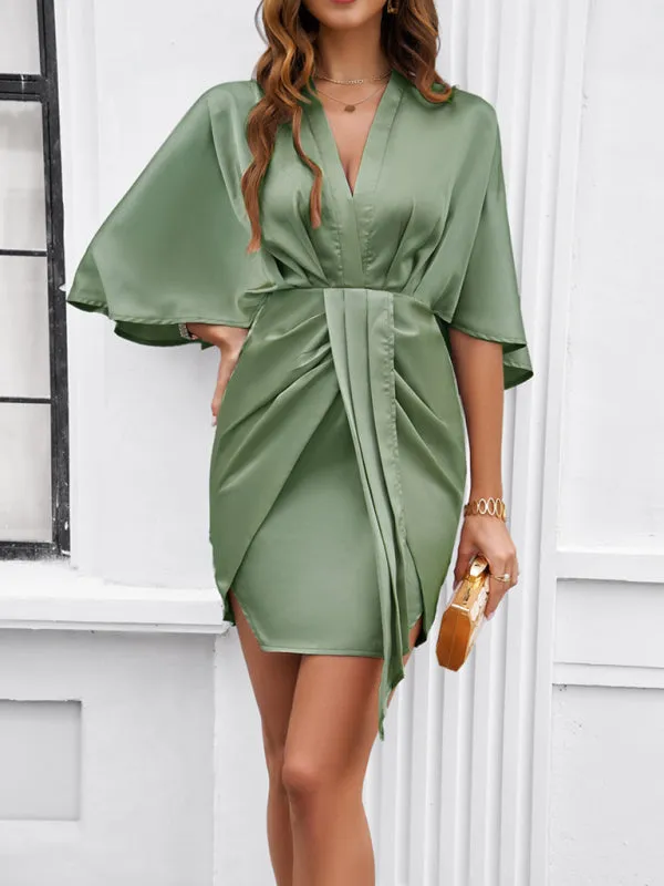 V-Neck Waist Dress with Ruched Design and Asymmetrical Hem