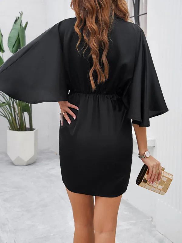 V-Neck Waist Dress with Ruched Design and Asymmetrical Hem