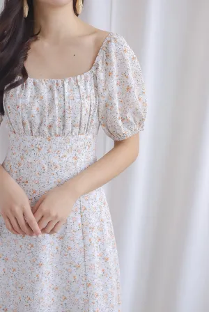 Vandelia Puffy Sleeve Ruched Maxi Dress In Orange Floral