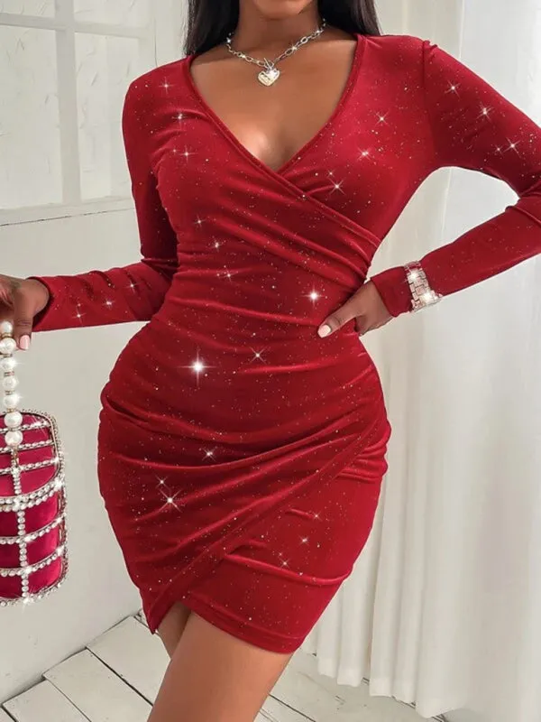 Velvet Mini Dress with Ruched Bodycon Design