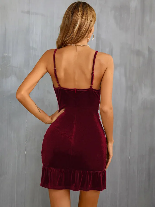 Velvet Mini Dress with Ruched Halter and Ruffle Hem