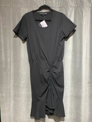 Veronica Beard Black Cotton Short Sleeve Pima Ruched Dress with Flounce