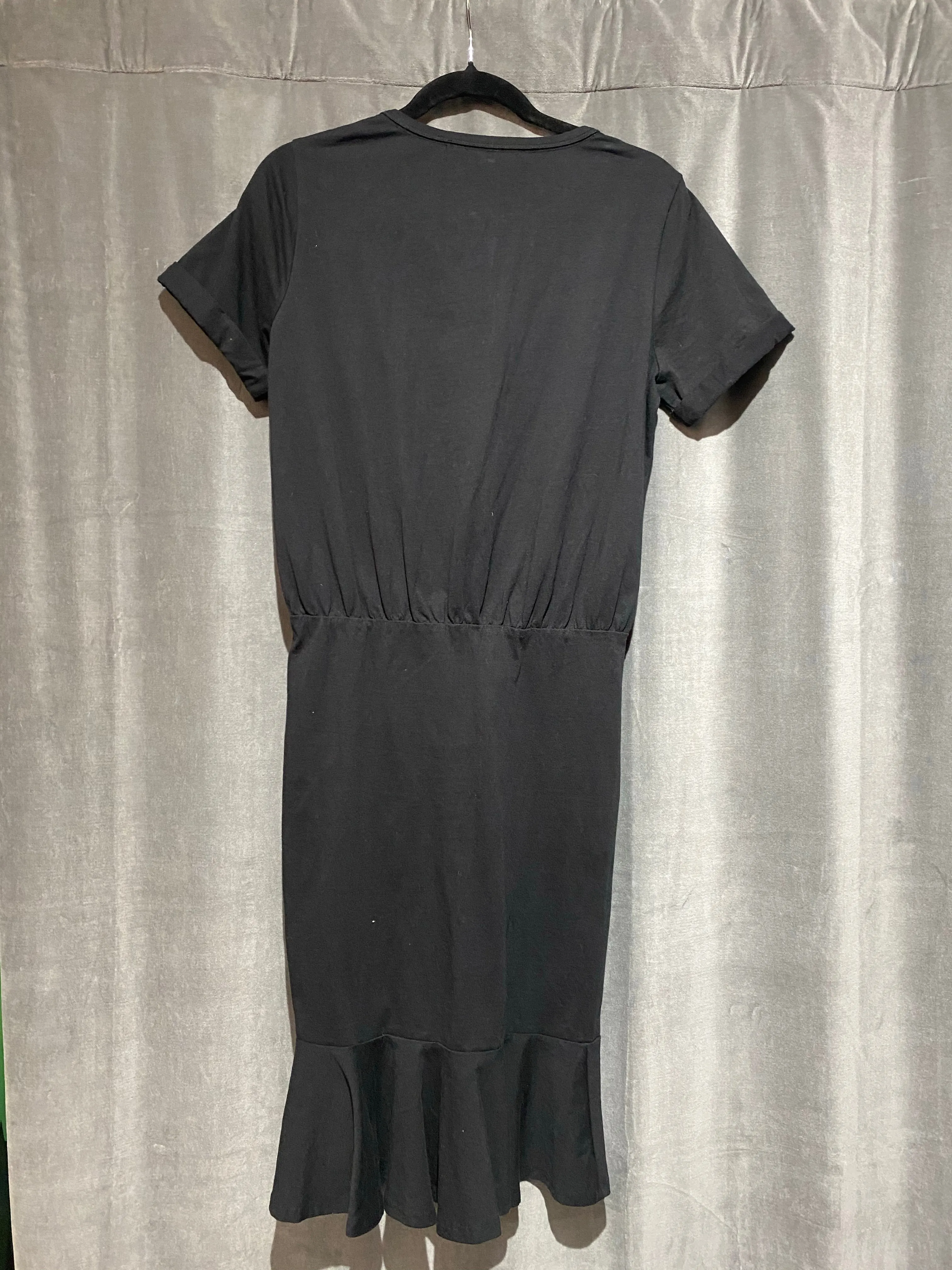 Veronica Beard Black Cotton Short Sleeve Pima Ruched Dress with Flounce