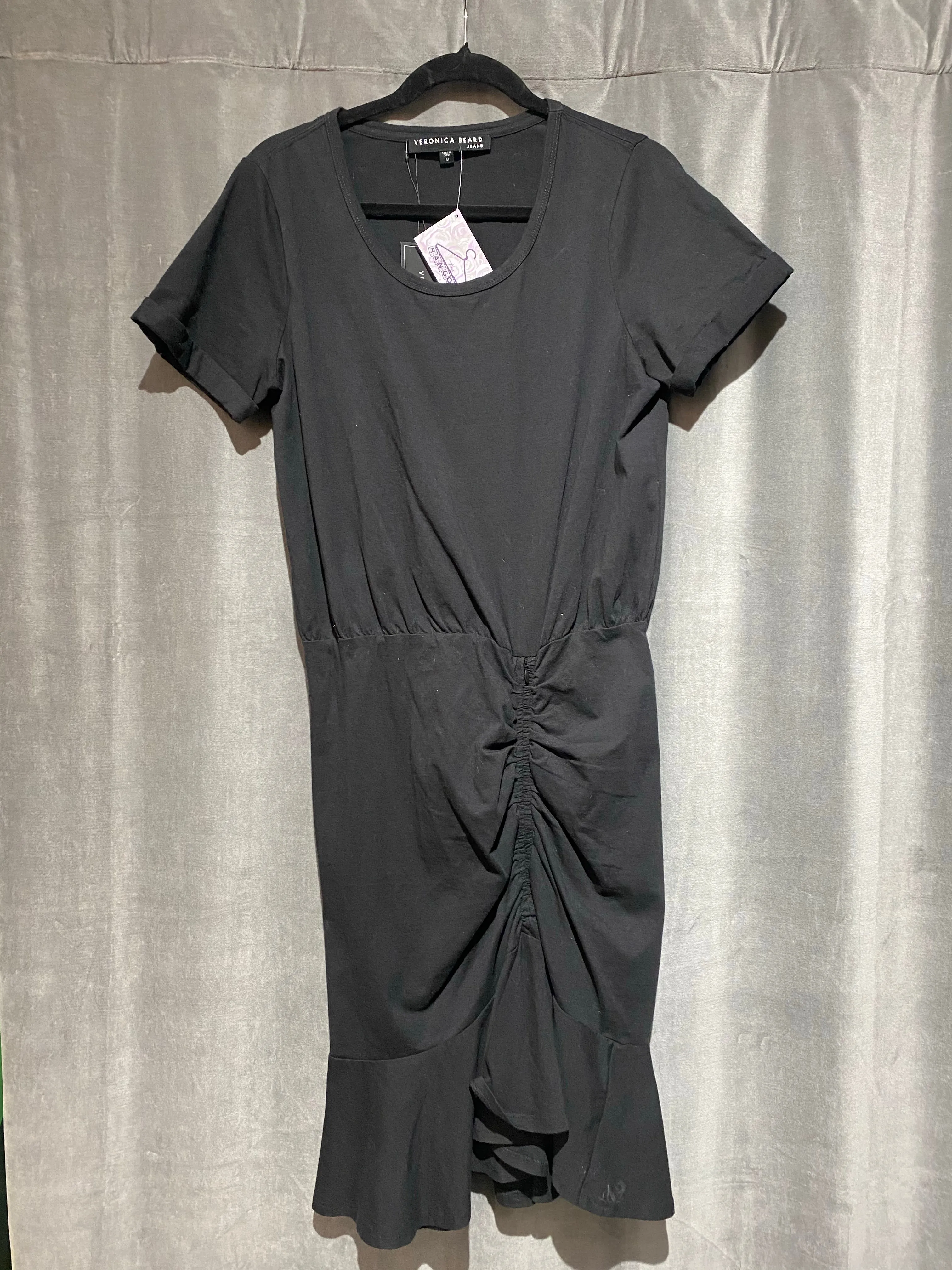 Veronica Beard Black Cotton Short Sleeve Pima Ruched Dress with Flounce