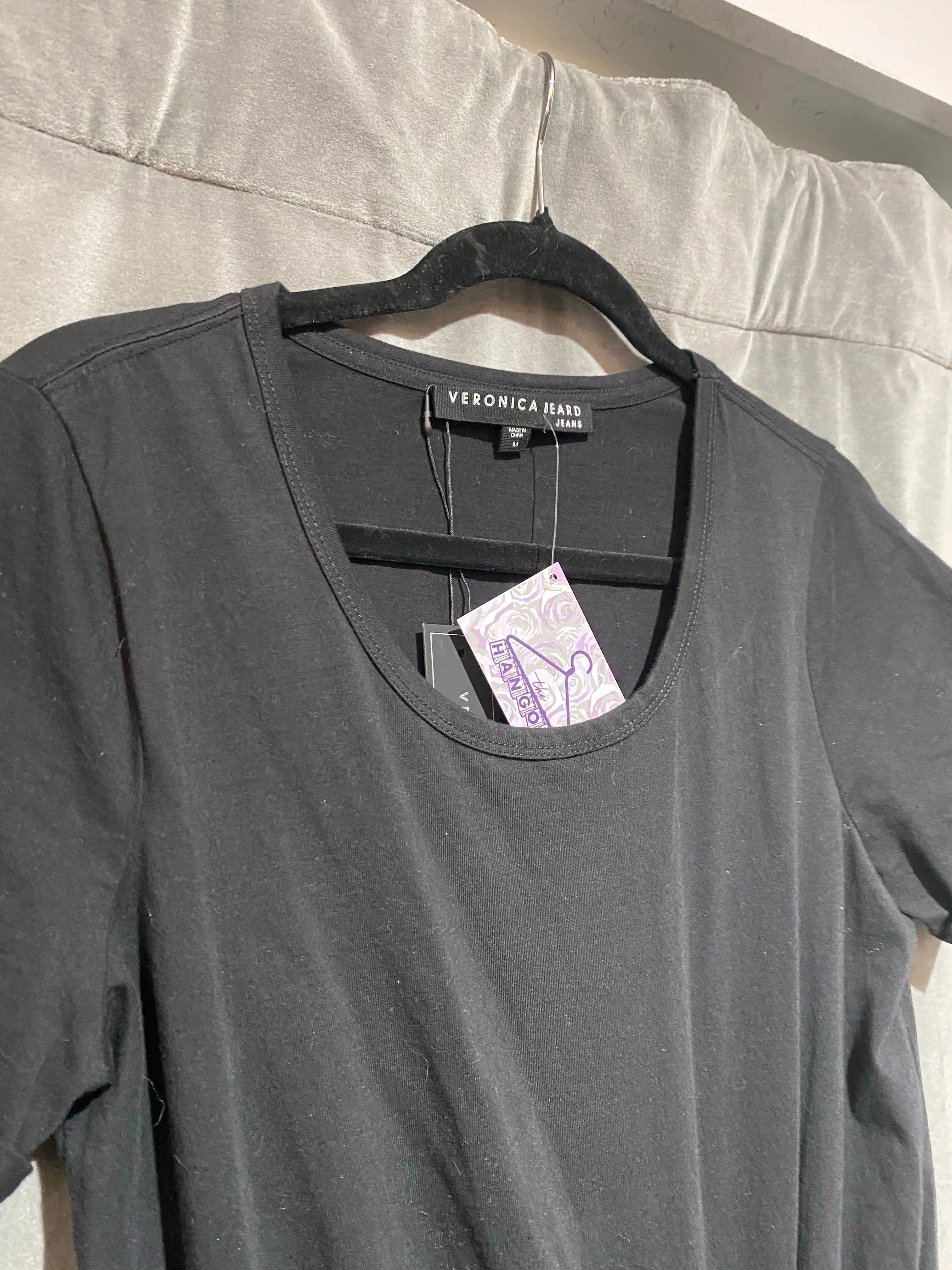 Veronica Beard Black Cotton Short Sleeve Pima Ruched Dress with Flounce