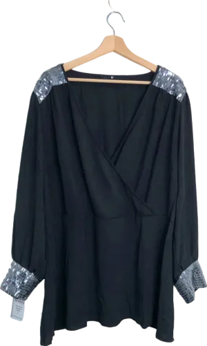 Very Black Sequin Trim Wrap Top UK 10