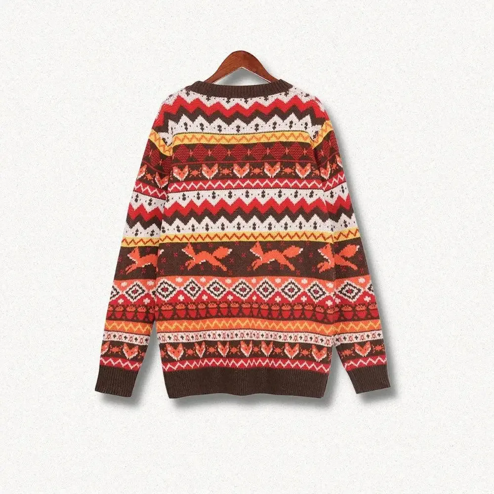 Vintage Christmas Sweater with Embroidered Fox and Classic Patterns