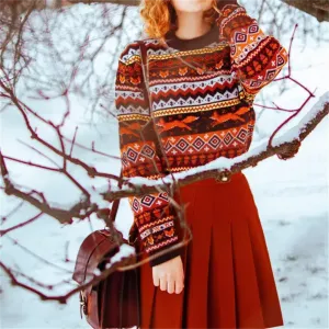 Vintage Christmas Sweater with Embroidered Fox and Classic Patterns