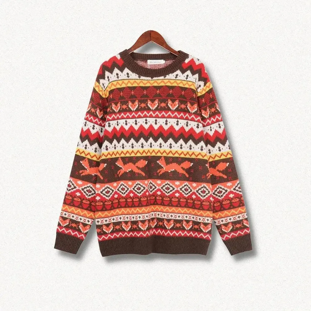 Vintage Christmas Sweater with Embroidered Fox and Classic Patterns