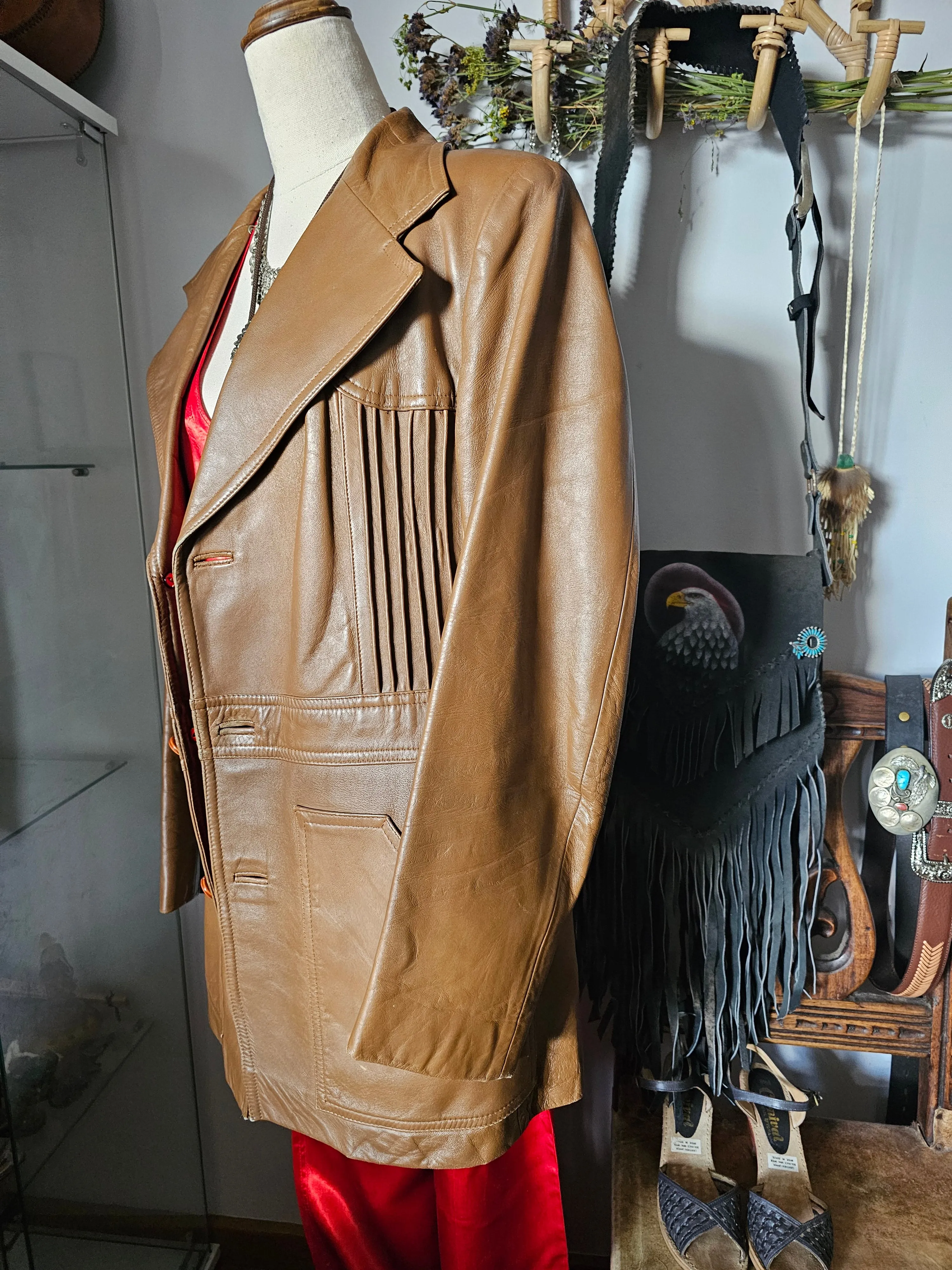 Vintage Women's Brown Tan Leather Jacket – Retro Boho Charm 14/16