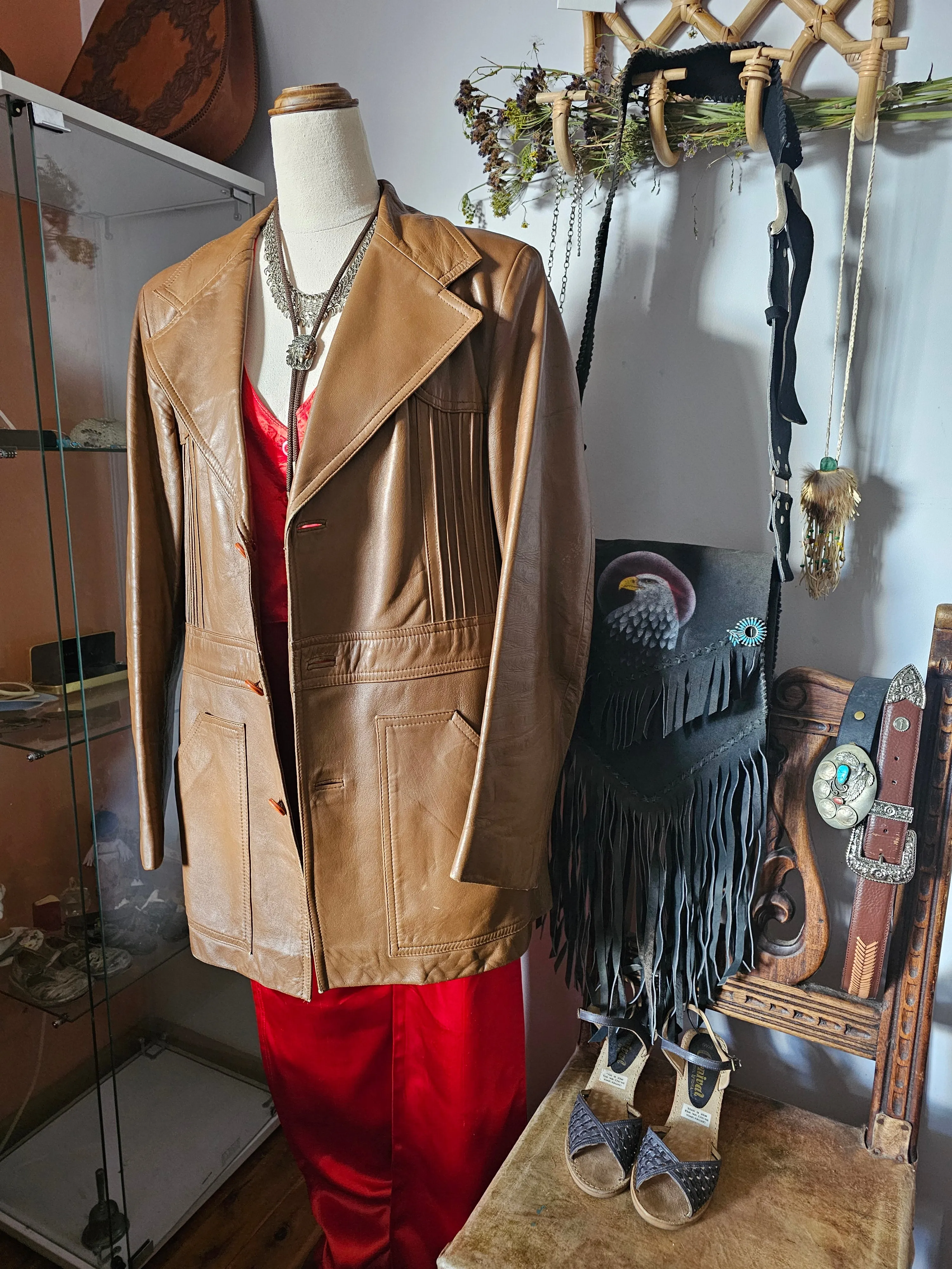 Vintage Women's Brown Tan Leather Jacket – Retro Boho Charm 14/16