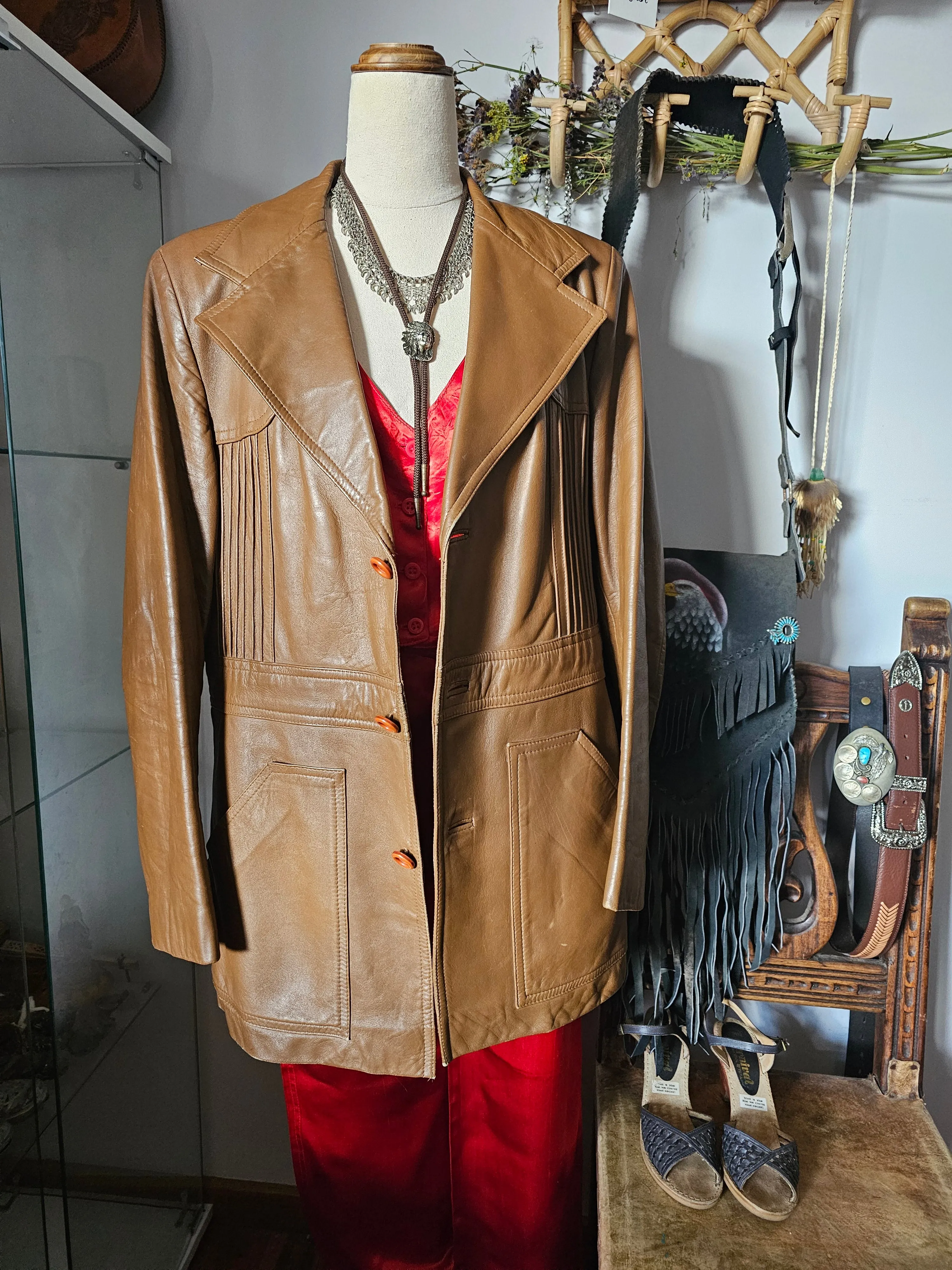 Vintage Women's Brown Tan Leather Jacket – Retro Boho Charm 14/16