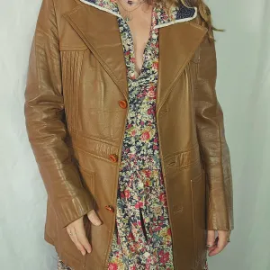 Vintage Women's Brown Tan Leather Jacket – Retro Boho Charm 14/16