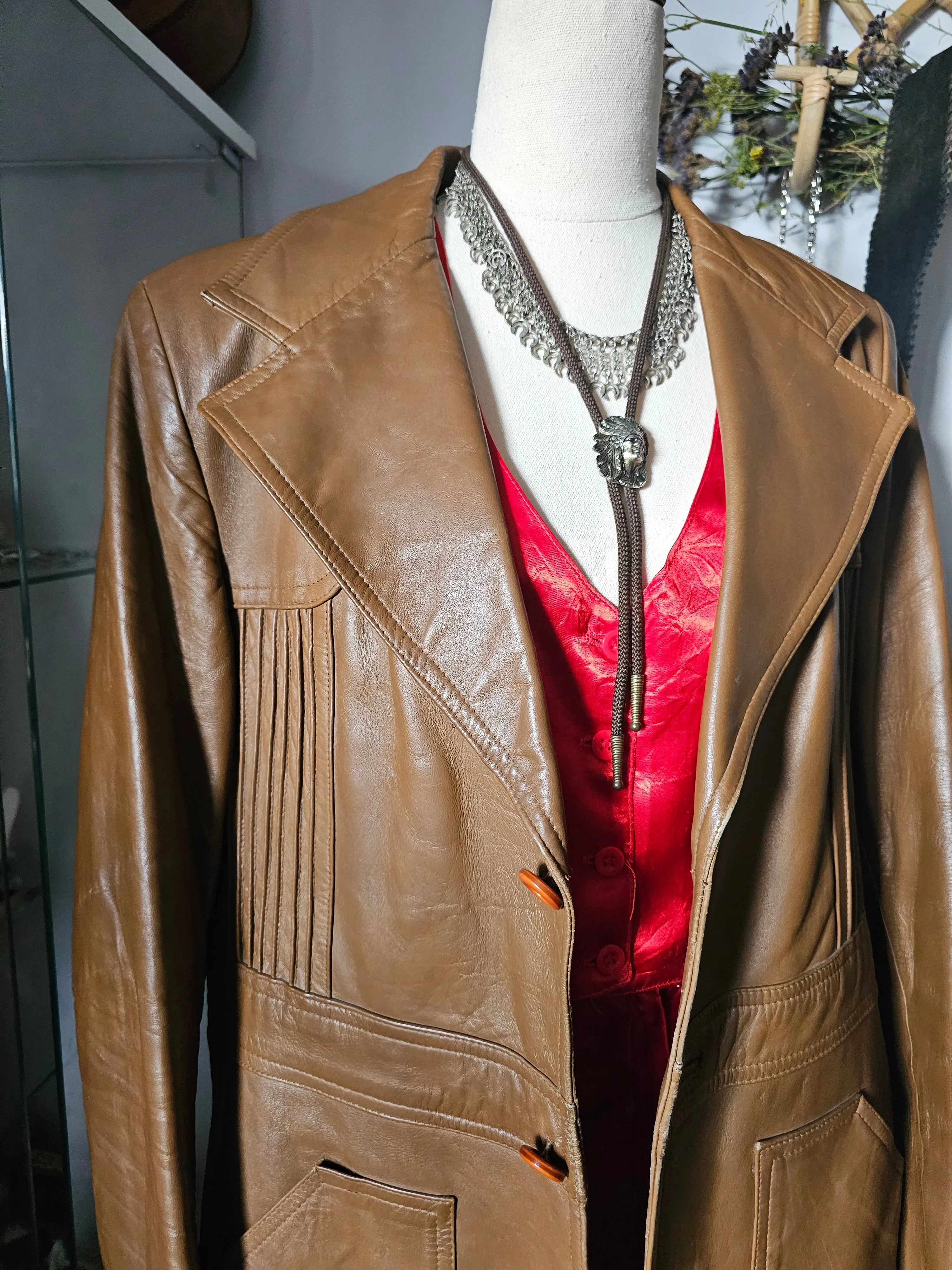 Vintage Women's Brown Tan Leather Jacket – Retro Boho Charm 14/16